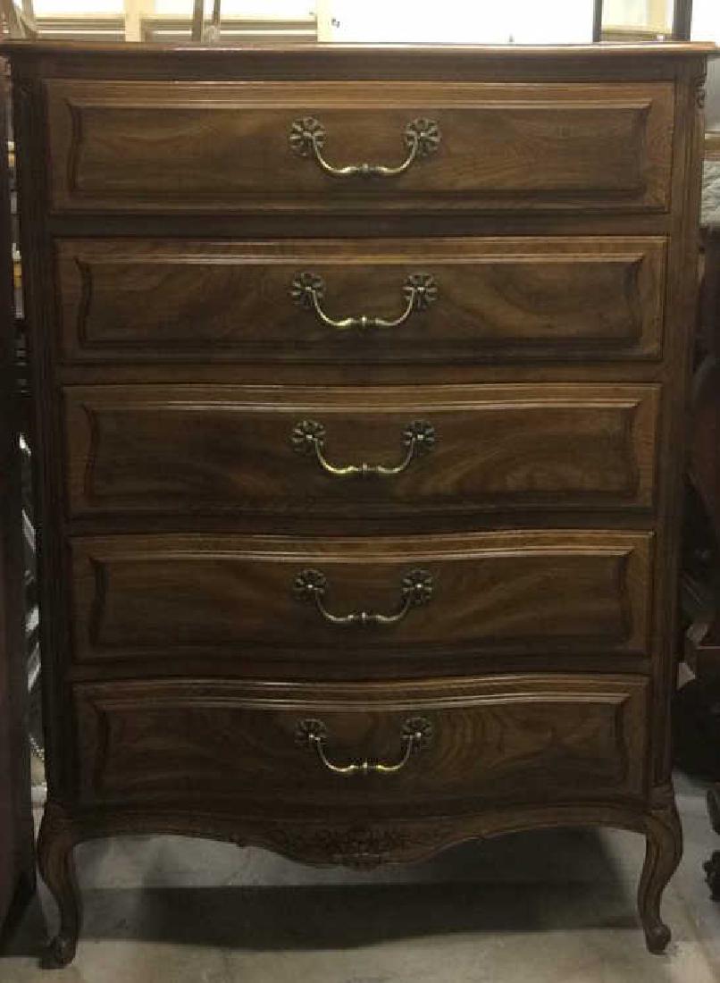 HENREDON FOR CENTURIES Wooden 5 Drawer Dresser: Marked HENREDON FOR CENTURIES. Contains 5 drawers with gold toned floral detail handles. Has carved paw feet. Floral motif detailed carving on bottom. Light brown toned measures approx 50 inches tall 