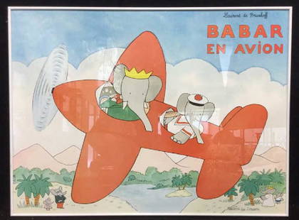 LAURENT DE BRUNHOFF BABAR EN AVION Poster: Vintage Babar Poster, Marked LAURENT DE BRUNHOFF BABAR EN AVION EDITIONS DU DESASTRE. Depicts cartoon elephant Babar flying a plane. Small crack in Glass on left side, otherwise no other condition iss