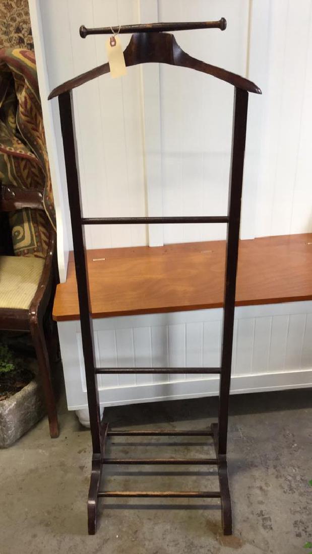 Mahogany Valet Suit Hanger: Wooden Mahogany Valet Stand, measures approx 45 inches. Mens suit holder, shoe holder, jacket rack, suit rack. Some surface wear, otherwise no other condition issues noted.