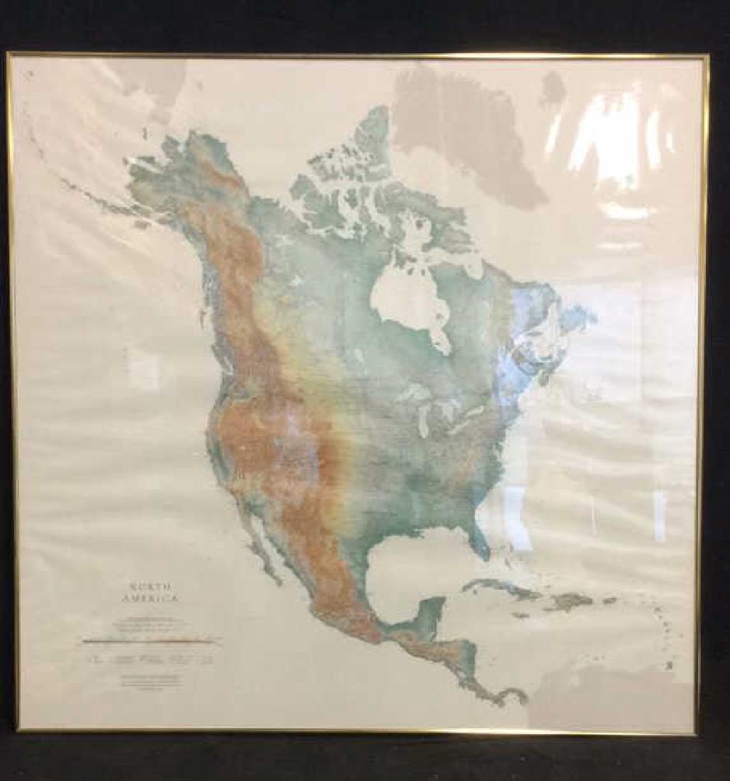 Framed Map of North America: Framed Map of the North American Continent. Marked “Map Produced by Allan Cartography of Medford, Oregon, with the assistance of Dr. A. Jon Kimerling, Department of Geosciences, Oregon State Univers