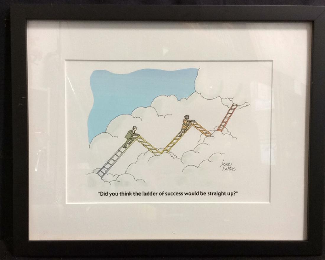 Joseph Farris New Yorker Art Print: New Yorker Cartoon Bank framed print, Joseph Farris art print, color cartoon depicting a man and woman on a ladder that leads up and down through the clouds. Marked under illustration, “Did you thin