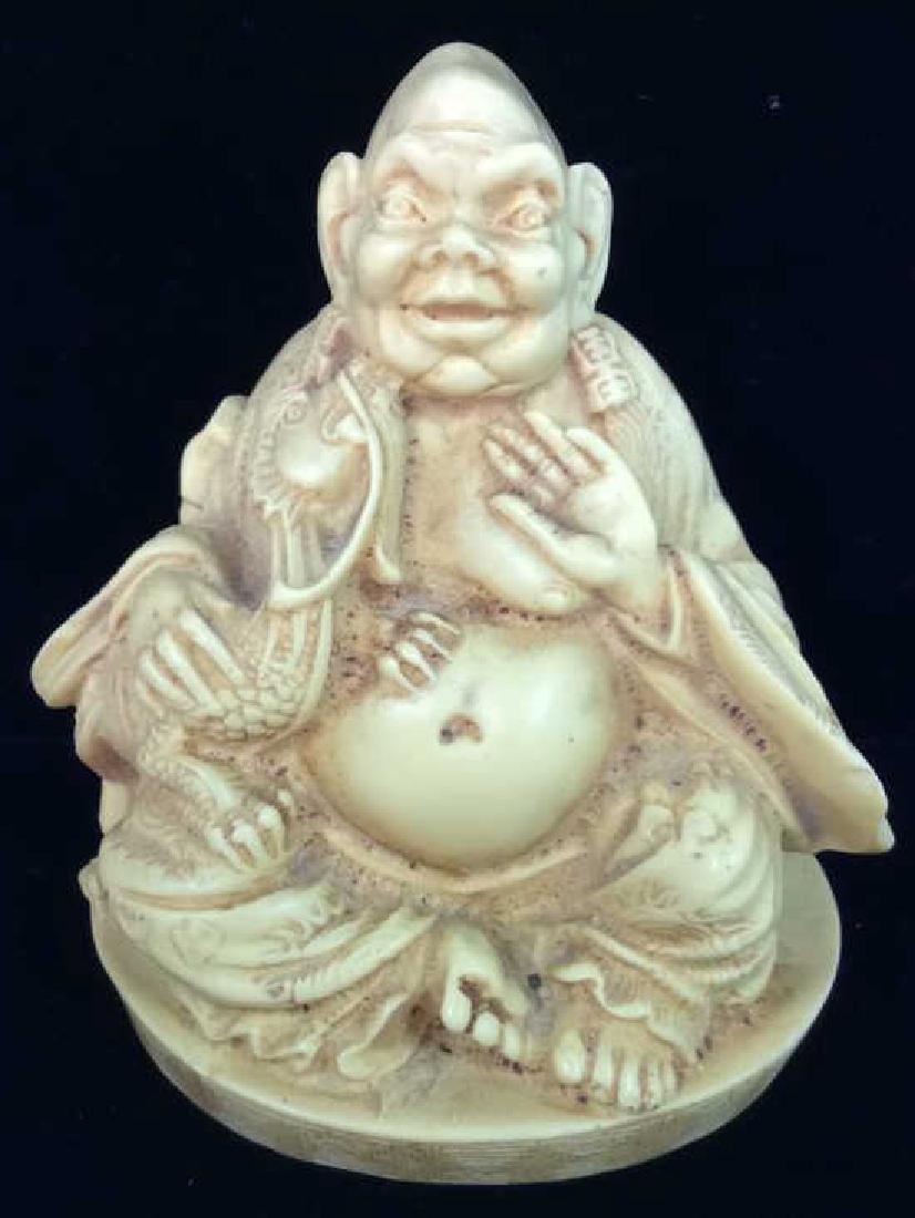 Sieated Oriental Carved Buddha Figure w Dragon (1 of 10)