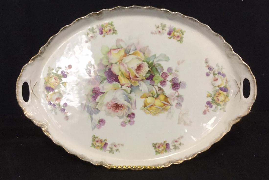 Bavaria Ceramic/Porcelain Serving Platter: Bavaria Ceramic/Porcelain transfer ware serving platter with rose and blackberry design and gold toned edge. Stamp on underside reads Cisco Made In Germany Bavaria. Minor surface wear. Measures approx