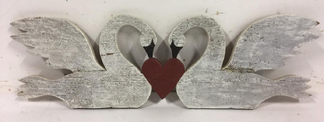 Signed Carved Wood Painted Swan & Heart Folk Art: John Davis Folk Art, Carved Wooden Painted Swan and Heart Wall Hanging Art. Depicts two swans with red heart in between. Marked JOHN DAVIS on underside. Damage and glue repair to swan wings and one ne