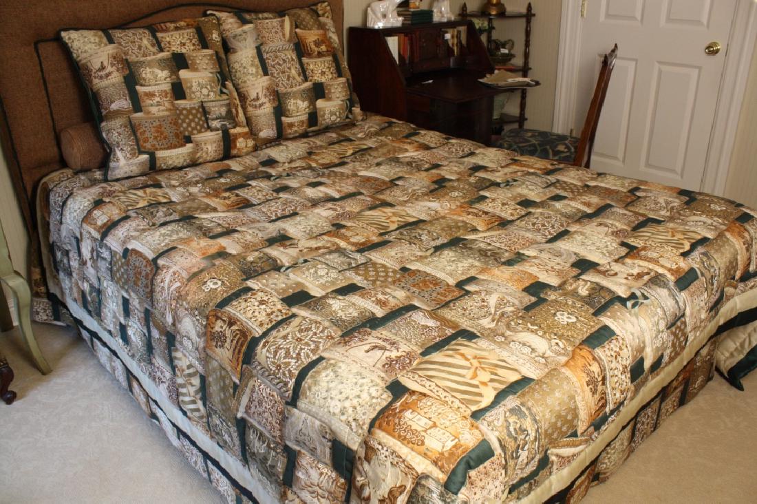 BRUNSCHWIG&FILS custom Queen bed Quilt and skirt: Hat box Pattern and custom quilted around hatboxes, bed spread made for queen Bed. Trimmed with Green satin stripe two inches and two inches of beige satin. Comes with large matching European style th