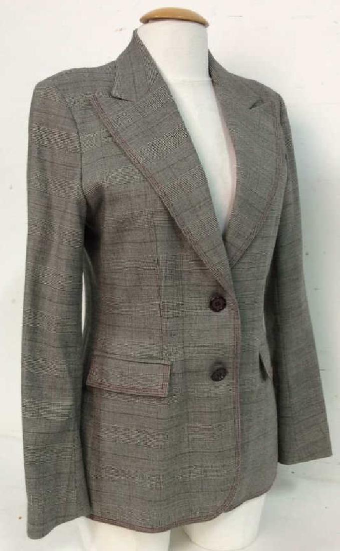 TEEN FLO Women’s Designer Dress Suit Jacket: TEEN FLO Women’s Dress Suit Jacket. Women’s luxury designer fashion dress jacket, grey toned with wine red toned buttons and thread detailing. Marked on tags as TEEN FLO and as a Size 2. Measures