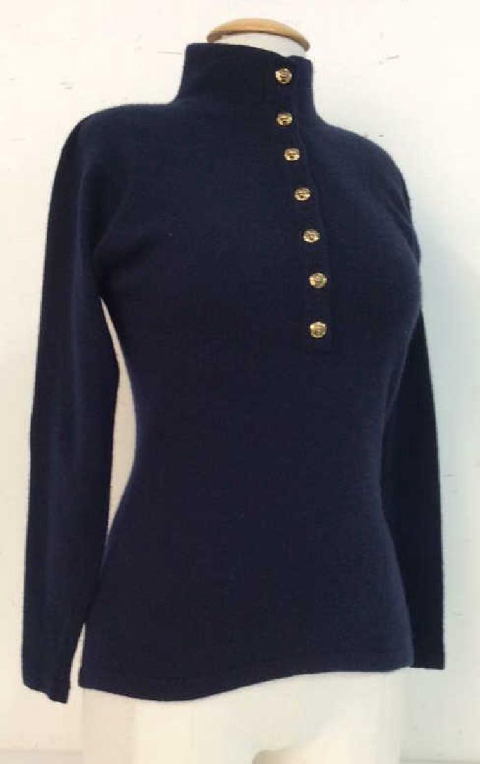 VALERIE LOUTHAN Cashmere Navy Button Sweater: VALERIE LOUTHAN Cashmere Navy Button Sweater. Women’s luxury designer fashion, tags read VALERIE LOUTHAN, made in Scotland, 100% pure cashmere. Tight knit cashmere sweater with gold toned buttons sh