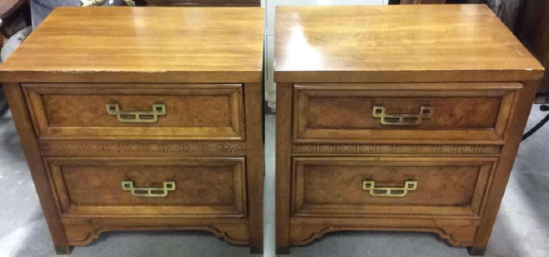 Pair HENRY LINK MANDARIN Nightstands: Each contain 2 drawers with gold toned handles. Marked HENRY LINK MANDARIN inside top drawer. Some very minor surface scratches, otherwise no other condition issues noted. Both measure approx 24 inche