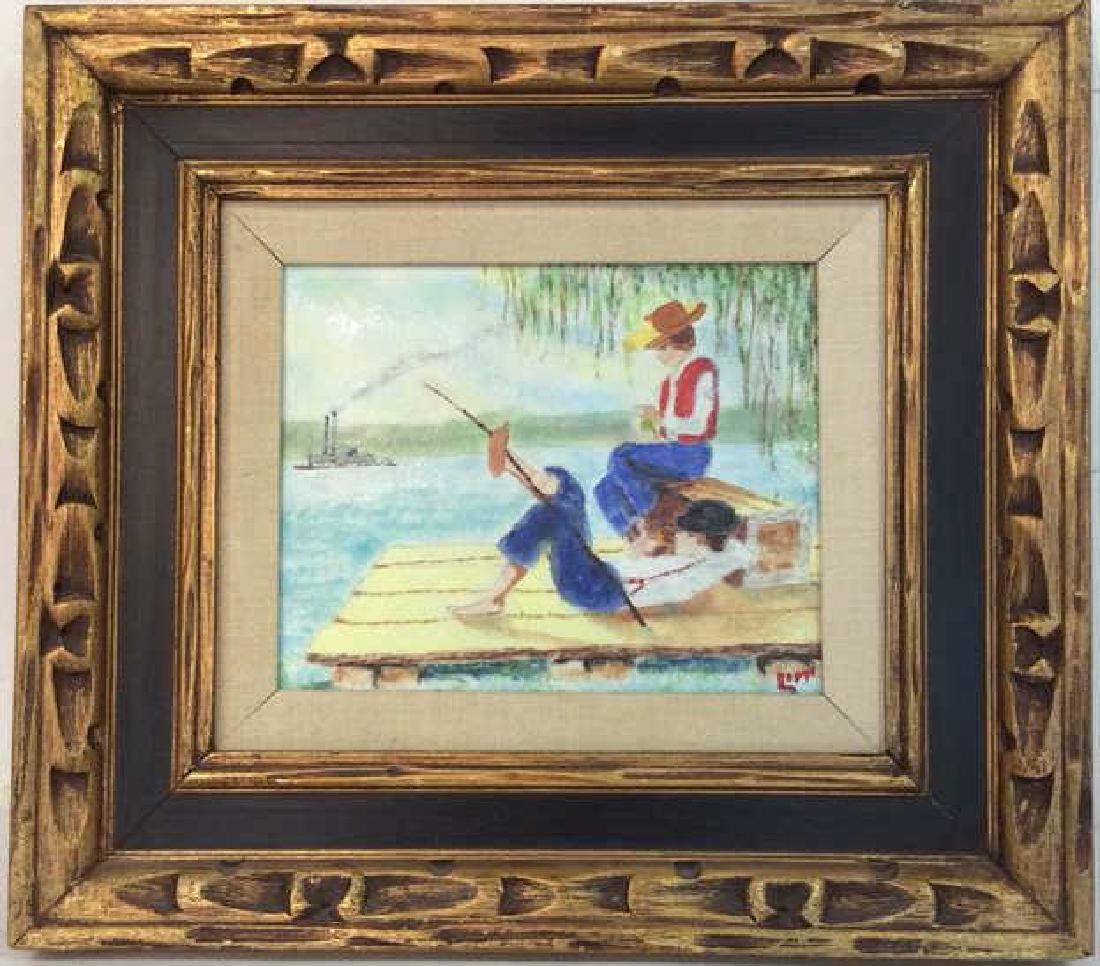 Signed Painted Ceramic Plaque Boys & River Artwork (1 of 8)