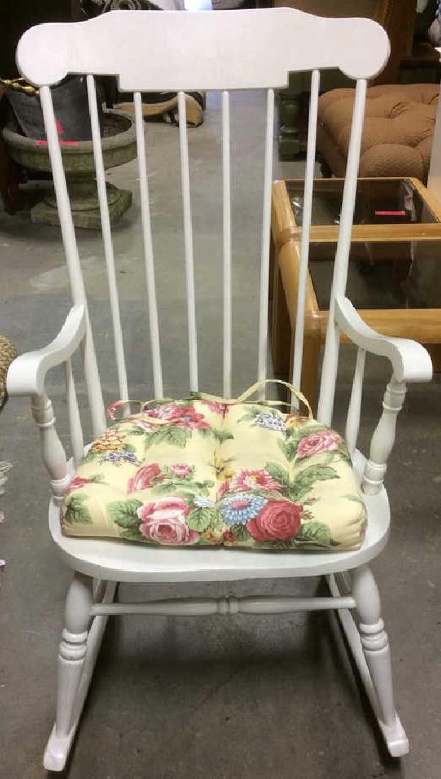 Vintage White Toned Rocking Chair W Loose Cushion: Vintage White Toned Rocking Chair W Loose floral detailed Cushion. Cushion is yellow toned with pink, blue & green floral relief detail. Structurally sound, good vintage condition. Measures approx 40 