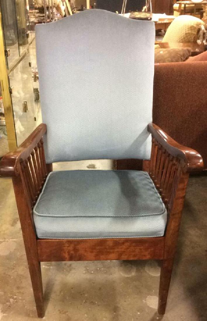 Vintage Wooden Frame Loose Cushion Chair: Vintage Wooden Frame Loose Cushion Arm , Bergere Chair, Chair. Armrests contain carved wooden detail, multi-pillar armrest support. Seat cushion is loose, backrest cushion is attached. Both are light