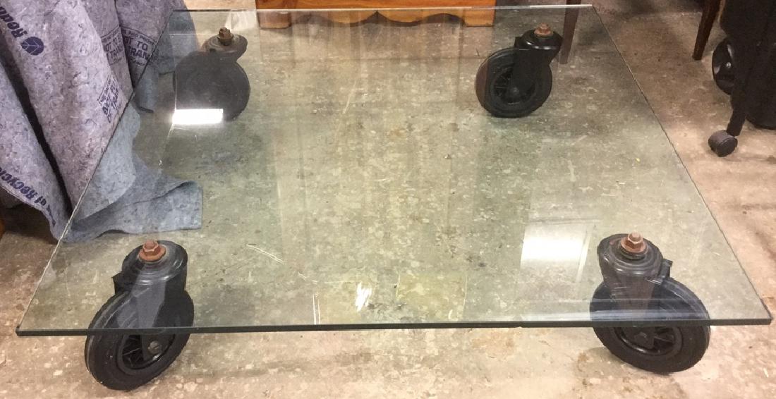 C 1980's Italy  Glass Coffee Table On Large Wheels (1 of 8)