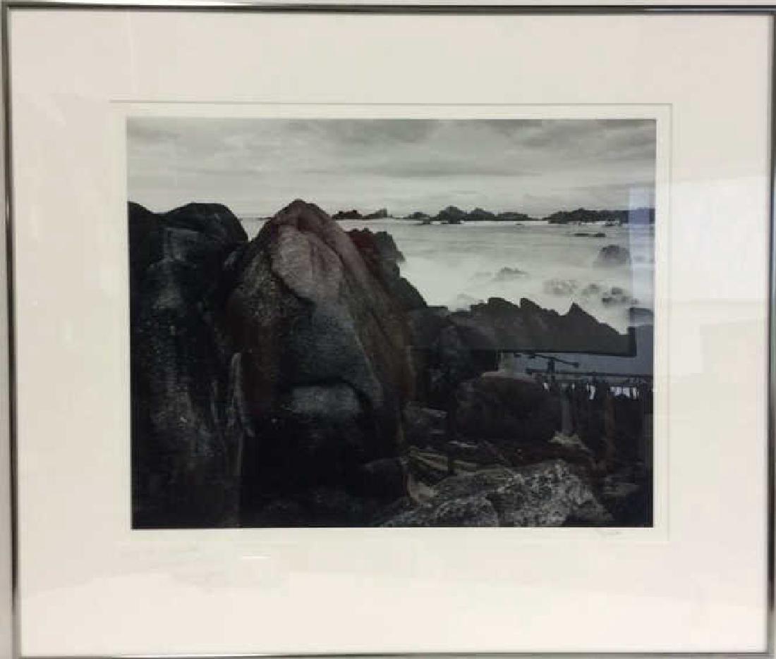 Ryuijie Surf and Rocks Photograph Print: Ryuijie Surf and Rocks Photograph Print. Signed Ryuijie, inscribed “8/29/88 Carmill, For Bruce and Arlene, Thank you.?? Print features heavy saturated black rocks with fog covered sea. Marked on bac