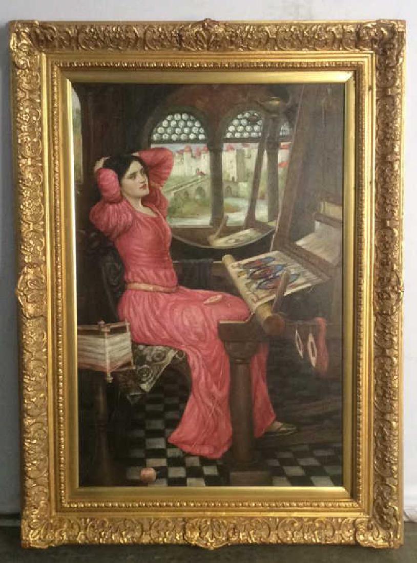 LADY OF SHALOTT Oil Painting Reproduction: LADY OF SHALOTT Reproduction signed Adamson on lower right corner. Professionally framed with ornate gold toned frame. Original piece done by John William Waterhouse. Appears to be oil on canvas. Depi