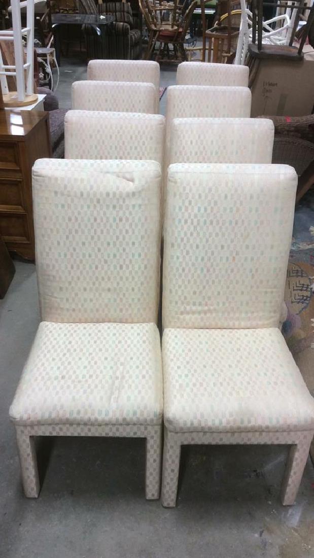 Lot 8 Pink Toned Cushioned Side Chairs: 8 Pink Toned Cushioned Side Chairs.Dining Chairs, Kitchen Chairs, Parson Style Chairs, Some have fabric stains. Contains geometric detail with tones of Green, purple, tan, aqua, cream & pink. Side cha