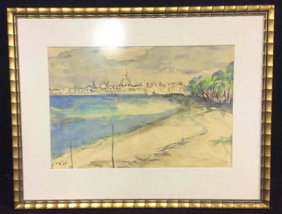 Antique School of Paris Watercolor Painting C1940s: Antique School of Paris Watercolor Painting C1940s. Signed illegibly in lower left corner, watercolor painting on paper appears to be done in the style of Menachem Shemi. Framed in a gold metallic ton