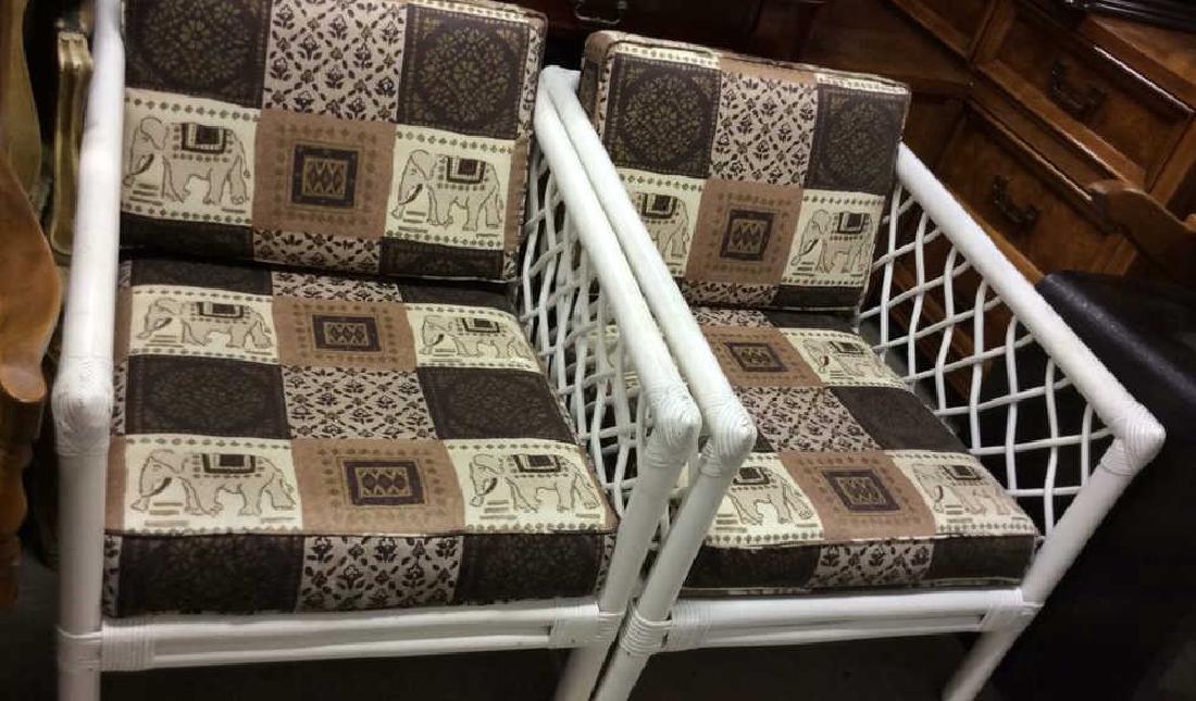 Pair White Wooden Chairs W Elephant Motif Cushions (1 of 8)