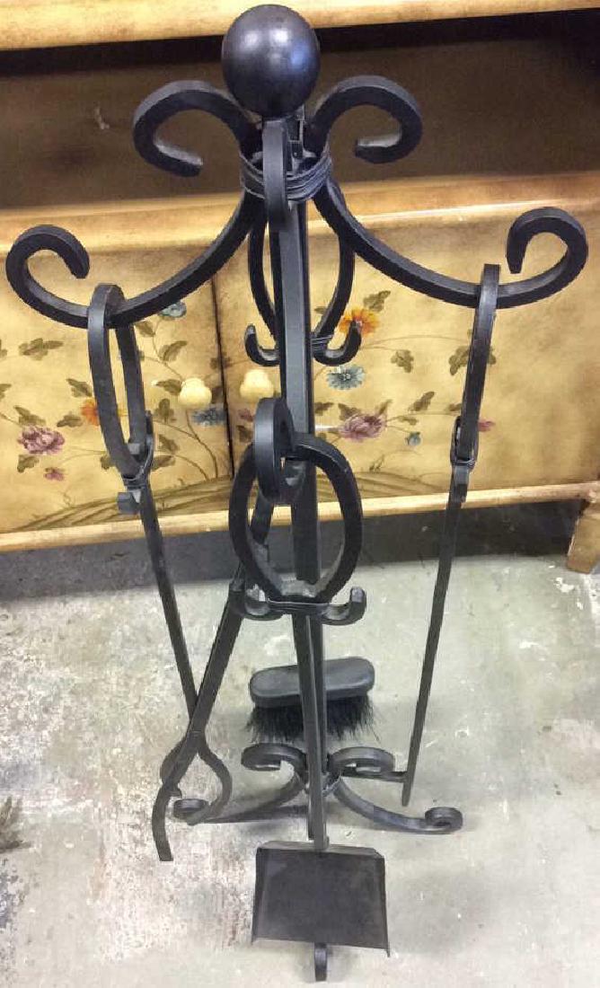 Lot 5 Black Toned Iron Fireplace Set: Contains shovel, brush, poker, grabber and stand. Stand contains c scroll detail with orb shaped detail on top. Fireplace set, fireplace accessories. Stand measures approx 32 inches tall 10 inches wid