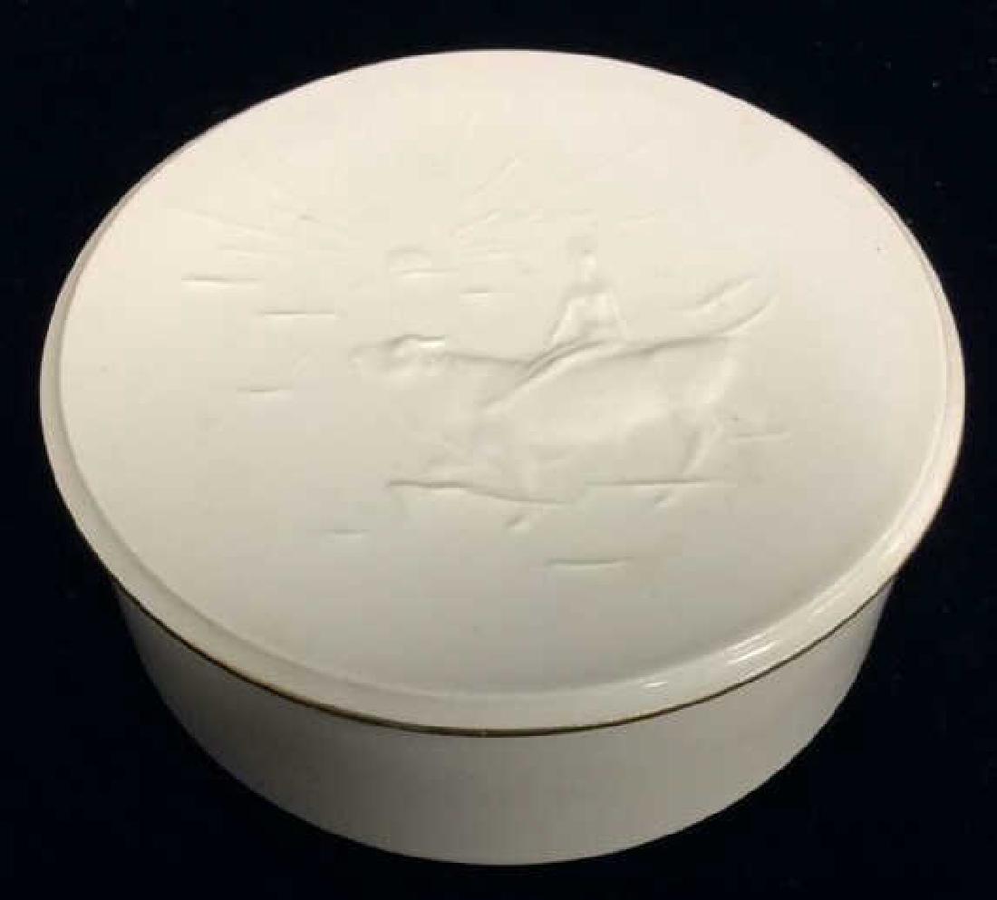 KPM Porcelain Trinket Dish W Female Nude W Bull: KPM Porcelain Trinket Dish W Female Nude W Bull Motif. White toned porcelain dish with gold metallic toned painted rimmed lid featuring design of a female nude figure riding a bull. Marked as KPM porc