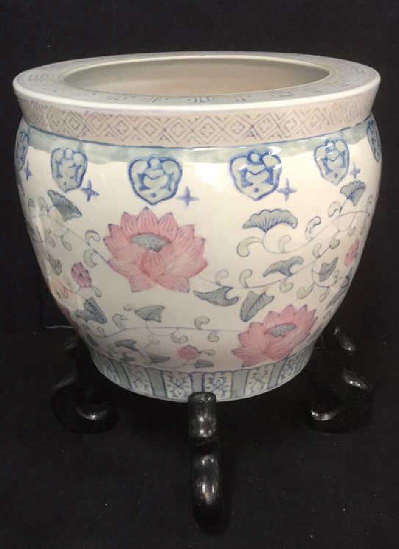 White Floral Pattern Planter W Wooden Base (1 of 8)