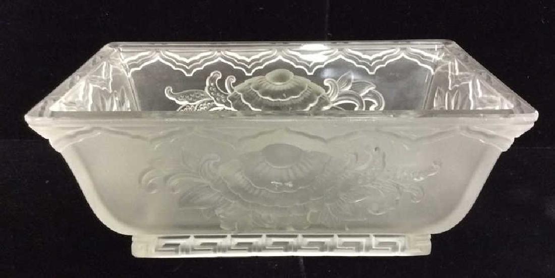 Signed Antique VERLYS Art Deco Glass Bowl: Signed Antique VERLYS French Art Deco Glass Bowl c1930s. Signed on base. Some small scuffs and scratches. Frosted glass with dimensional floral motif and geometric detail. Measures approx 5 in tall by