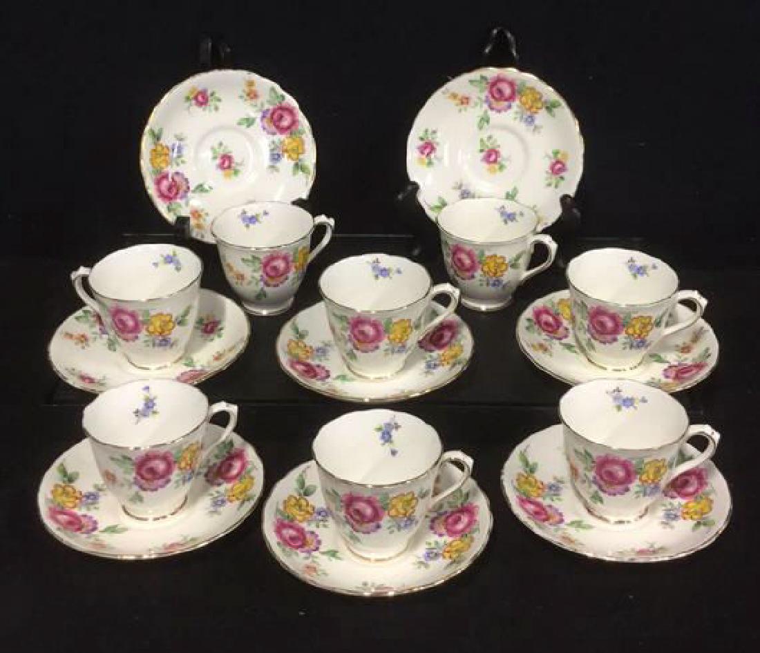 Lot 16 Chelsea Staff English Tea Cups And Saucers: Lot 16 Chelsea Staff English Tea Cups And Saucers. Painted multicolored rose and leaf motif with gold toned trim. Some surface wear to gold toned trim. Saucer is approx 4.5 inches in diameter and cup