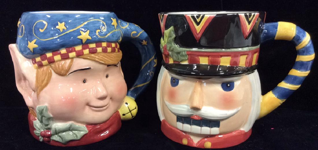 Pair TIS THE SEASON Holiday Figural Mugs: Pair TIS THE SEASON Holiday Figural Mugs. Pair of holiday mugs, one in the shape of an elf, one is a nutcracker. Mugs are marked on the bottom a TIS THE SEASON copyright CIC. Mugs measure approx 5 in 