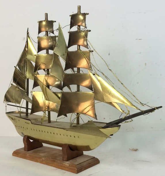 Gold Toned Brass Ship W Wooden Stand (1 of 7)