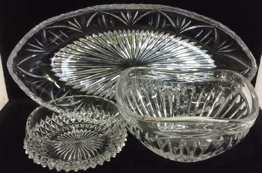 Lot 3 Crystal Bowls Tabletop Serveware: candy dishes, bowls, platter, largest measures 12 inches length,one labeled for Mikasa, property of New York City Estate