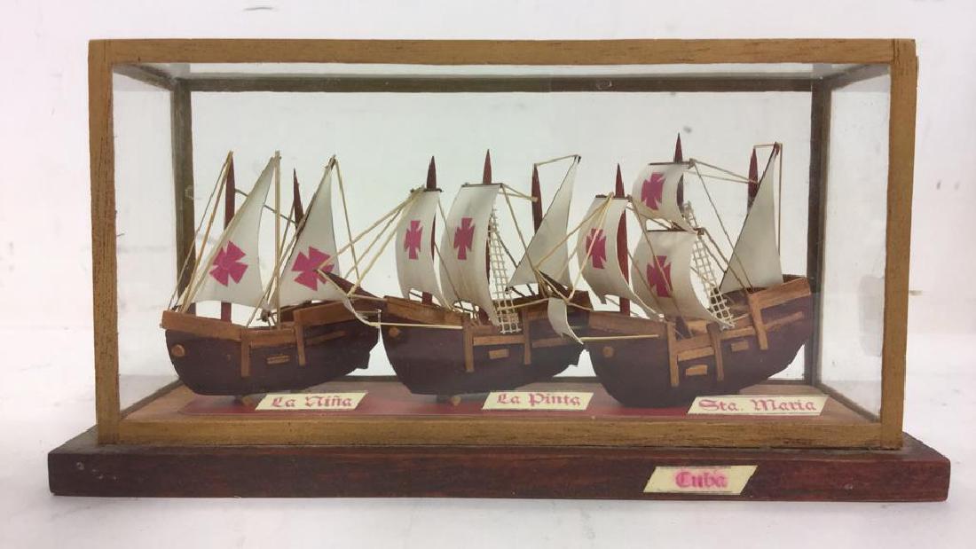 Three Wooden Ships Inside Glass Case (1 of 5)