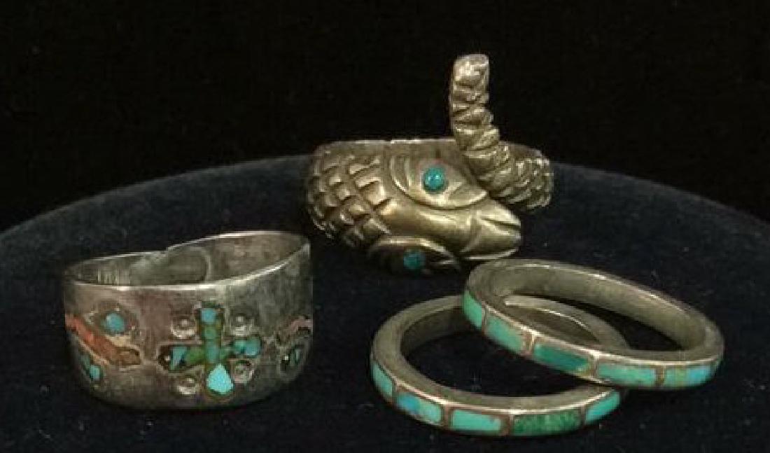 Lot 4 Silver Toned Metal Rings W Inlay (1 of 9)