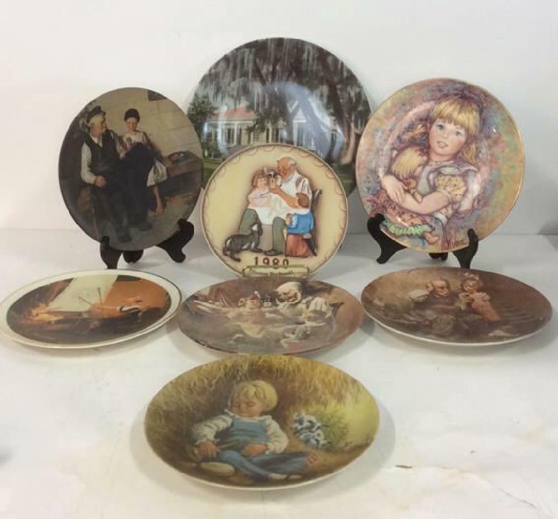 Lot 8 NORMAN ROCKWELL Collectible Plates & More: Includes THE LITTLE BOY, ARTIST DAUGHTER, THE TOYMAKER, THE LIGHTHOUSE KEEPERS DAUGHTER, THE COBBLER. Other plates include BEAUVOIR by John Allen Maxwell & CHERISH by Mary Vickers. Largest plate measu