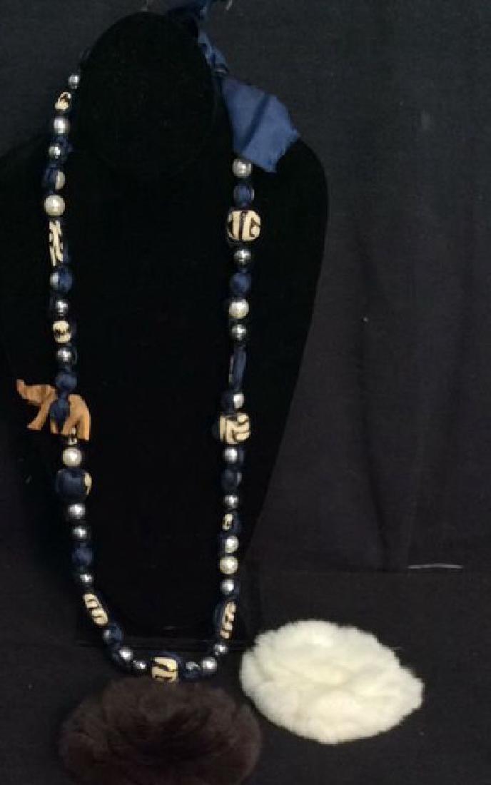 Lot 3 Women’s Designer Accessories: Lot 3 Women’s Designer Accessories. Costume jewelry, Barneys Faux pearl and faux boned beaded necklace with silver toned and white toned pearlescent beads with white and brown toned plaintext faux b