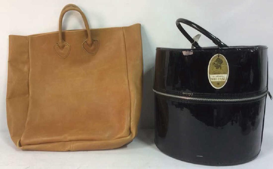 Lot 2 LL BEAN Bag & THE MINER Wig Case: Includes 1 Tan toned LL Bean handbag/ tote bag, & 1 Black toned Miner wig vase with handle. Wig case has zipper. Bag appears to be faux leather. Case measures approx 18 inches tall with handle 14 inch