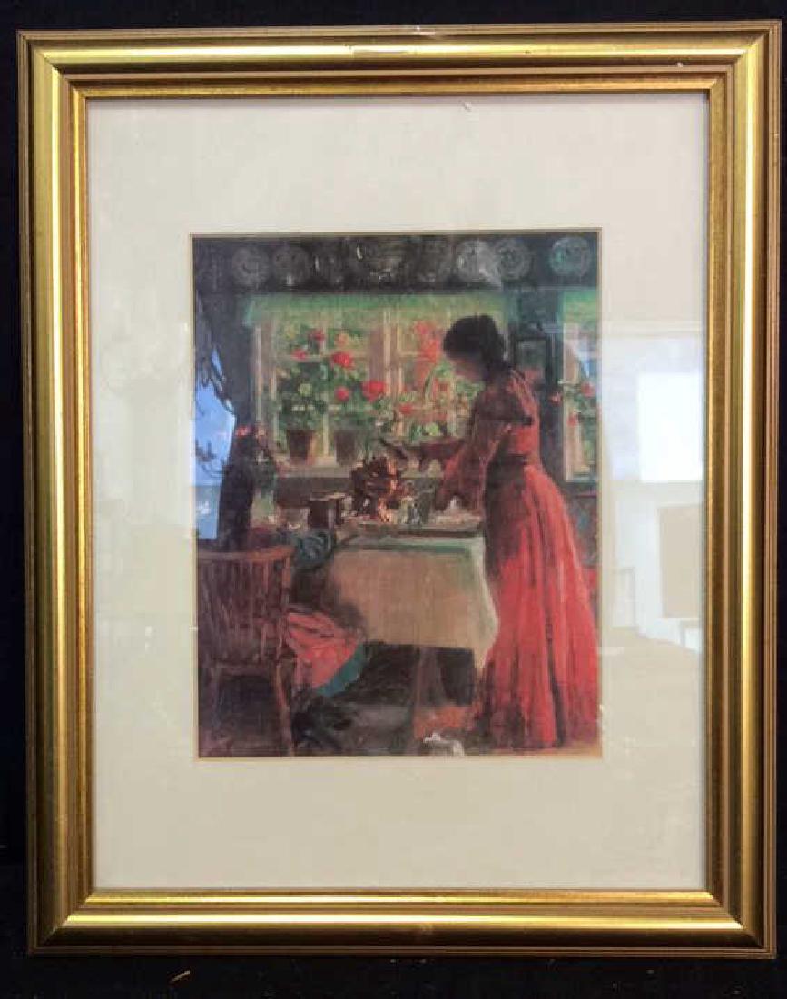 Print Laurits Tuxen”Pouring The Morning Coffee”: Art Print of Laurits Tuxen’s 1906 painting ”Pouring The Morning Coffee” depicting a mother and daughter figure around a morning breakfast table. Appears to be printed on canvas textured paper. F
