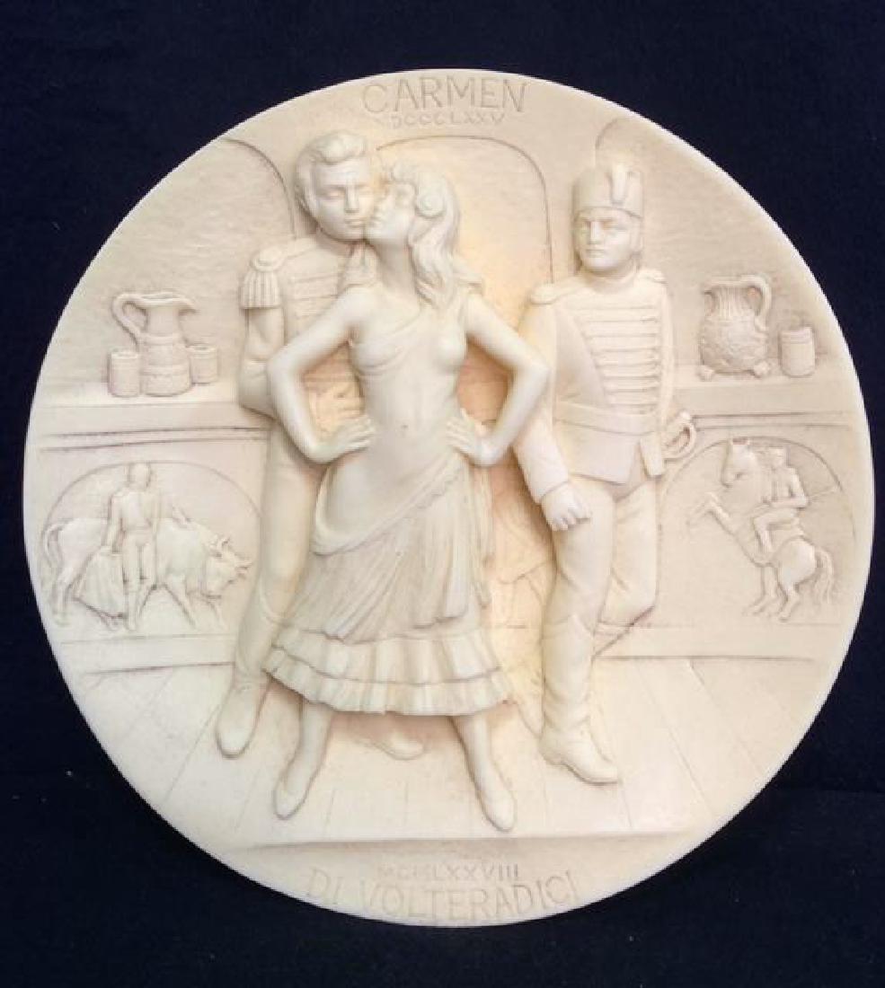 Limited Edition Alabaster Plate Of Carmen: Limited Edition Alabaster Plate Of Carmen. The plate is a hand carved, limited edition of alabaster depicting a scene from Carmen, by sculpter Gino Ruggeri at the Studio Dante Di Volteradici, in Tusca