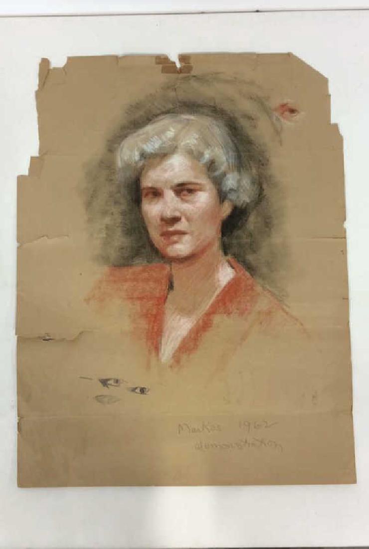 Portrait of Woman Pastel Drawing on Paper: Portrait of Woman Pastel Drawing on Paper. Unframed drawing on brown toned paper. Portrait of a woman, signed Markos 1962, marked as demonstration. Significant wear on paper. Measures approx 26 in tal