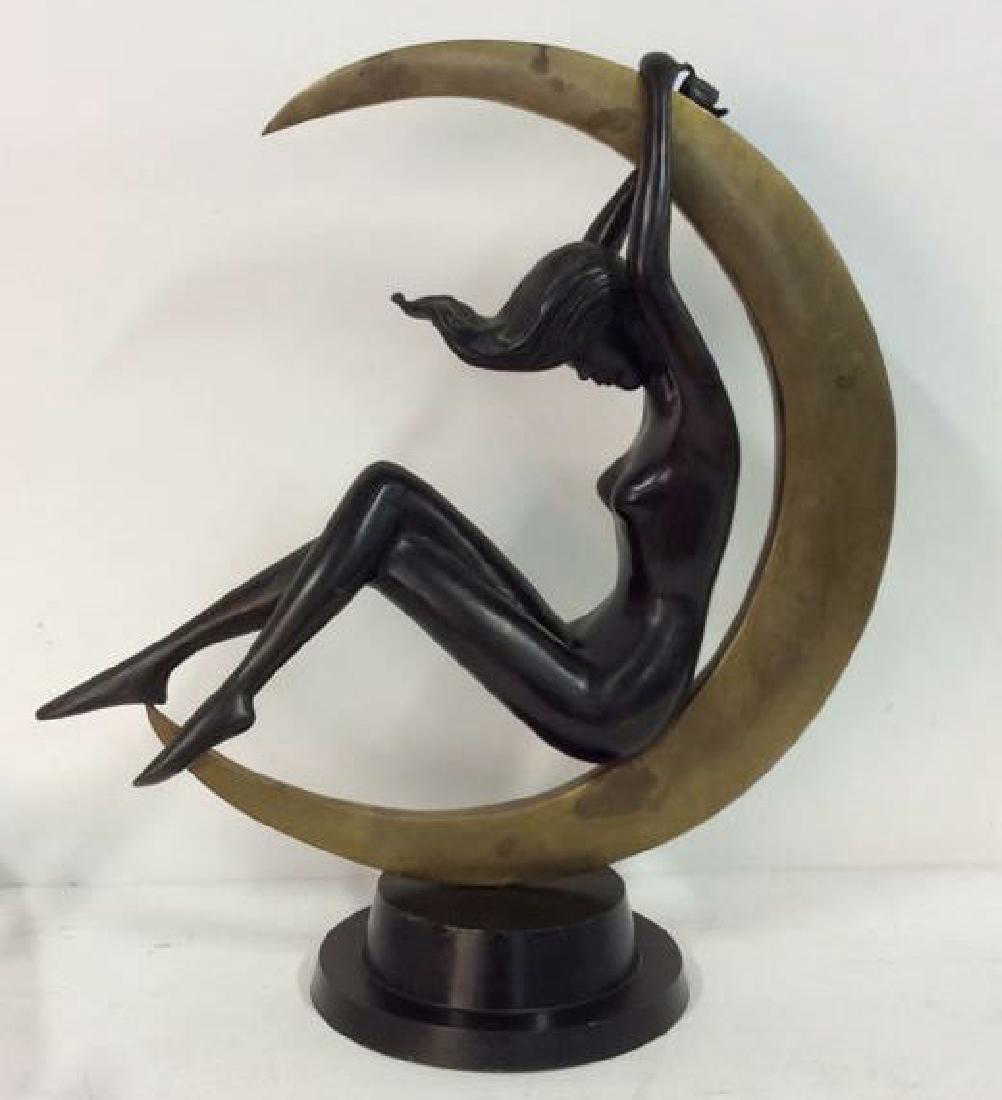 Bronze Art Deco Female in Moon Sculpture Statuette