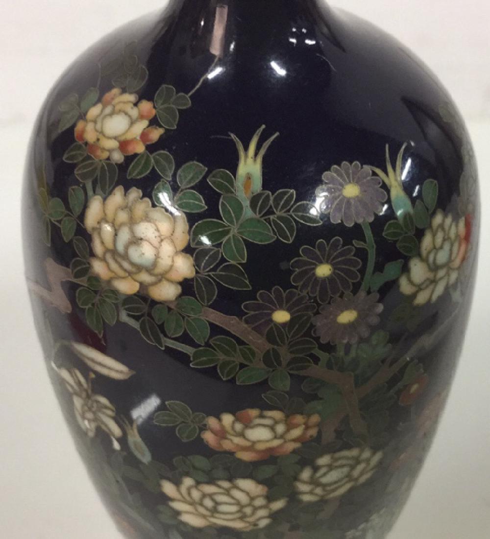 Antique Japanese Flared Neck Cloisonné Vase: Antique Japanese Flared Neck Cloisonné Vase thought to be 19th century. Asian Art. Orientalism. Japanese antiques. Asian antiques. Possibly bronze, copper or brass base with darkened patina is covere
