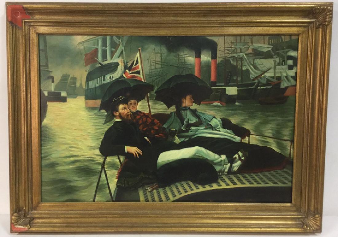 Painting Study Of James Tissot's "On The Thames": Painting Study Of James Tissot's "On The Thames". Painting on canvas study of On The Thames by James Tissot. Professionally framed in decorative gold toned wooden frame. Cracks to canvas and scratch t