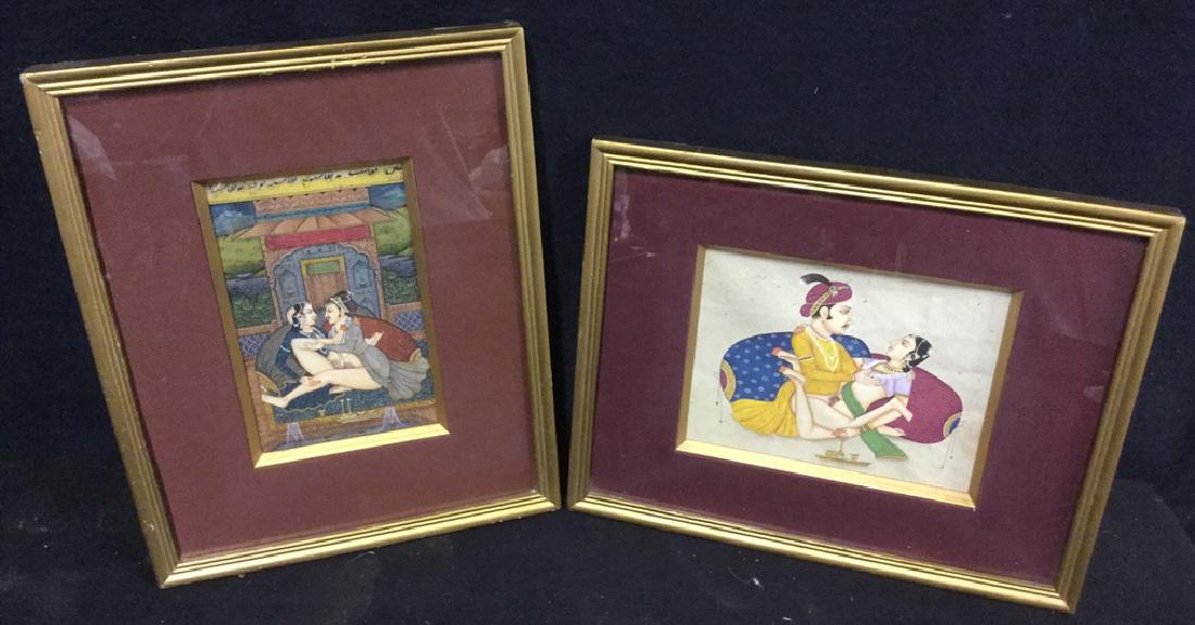Lot 2 Erotic Manuscript Paintings Framed: Lot 2 Erotic Manuscript Paintings Framed. Lot of 2 hand painted manuscripts in gold toned frame depicting Indian characters in erotic scenes. Shadow box style frame surrounds painting with burgundy co
