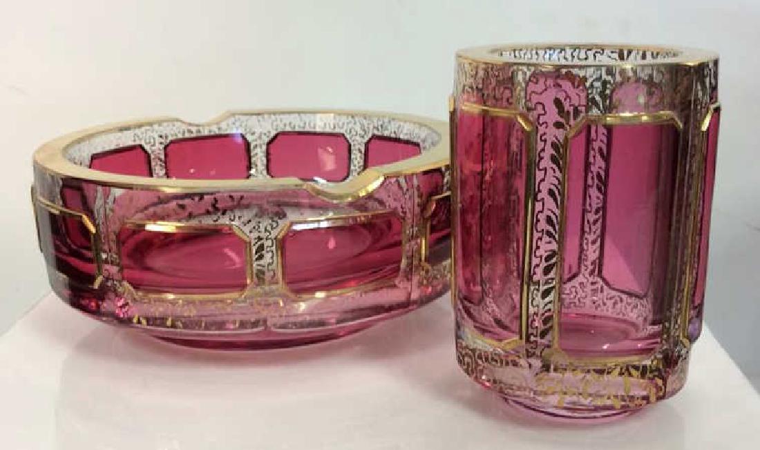 Pair Cranberry Toned Glass Ash Tray W Cup (1 of 8)