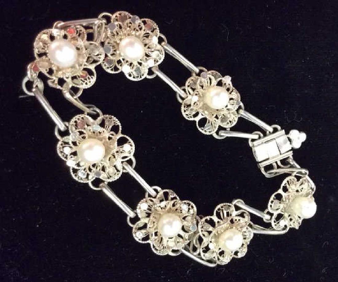 Silver Toned Metal Floral Design Bracelet W Pearls (1 of 8)