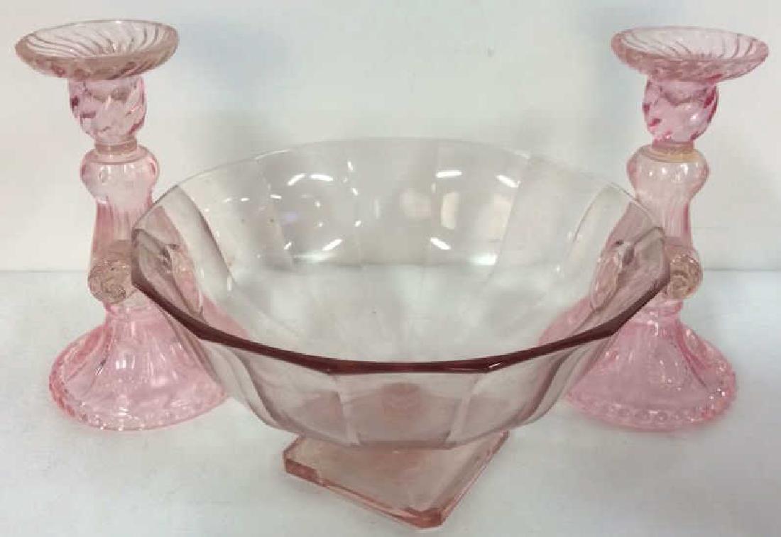 Lot 3 Pink Glass Candlestick Holders & Bowl (1 of 10)