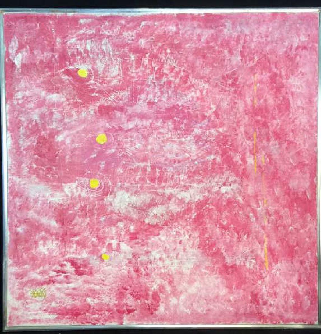 Pink Toned Fish Pop Art Textured Painting: Pink Toned Fish Pop Art Painting. Painting on canvas textured background with scraped fish design, primarily pink and white tones with juxtaposed yellow tones in the fish eyes. Signed illegibly in cor