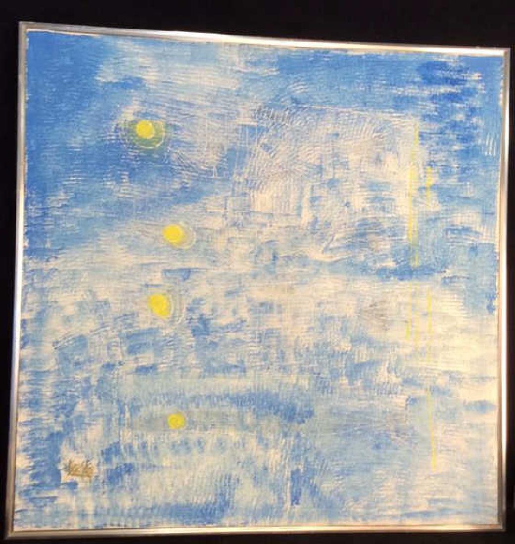 Blue Toned Fish Pop Art Textured Painting: Blue Toned Fish Pop Art Painting. Painting on canvas textured background with scraped fish design, primarily blue and white tones with juxtaposed yellow tones in the fish eyes. Signed illegibly in cor