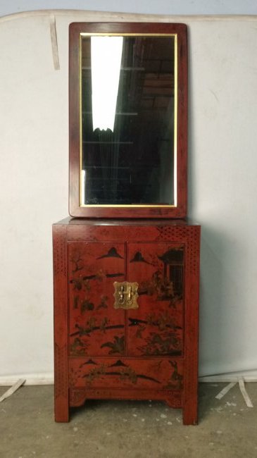 Antique Set Chinese Red Lacquered Chest And Mirror (1 of 14)