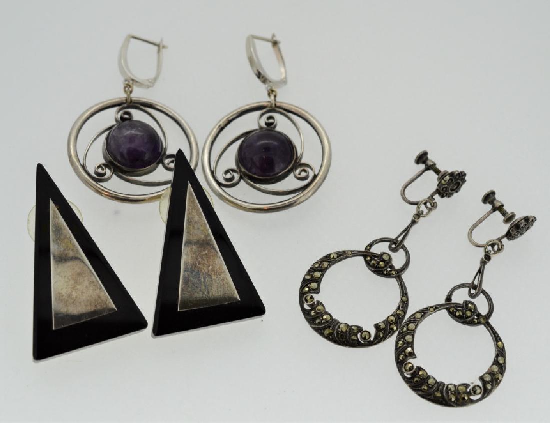 Lot Vintage Sterling Silver Earrings: Black Enamel 1x11/2" made in Mexico, Sterling Slver Dangling Purple Hoops & Marcasite Dangling Hoops-screwback, 3 pair
