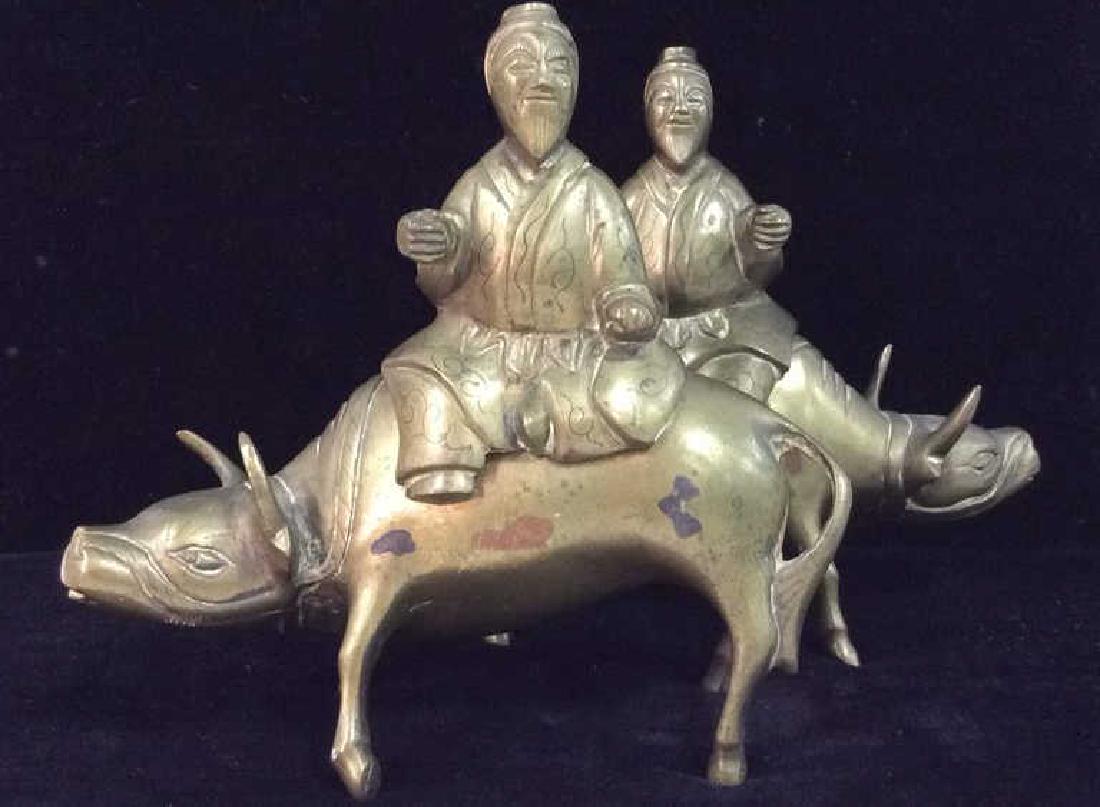 Brass Toned Metal Statuettes Men W Oxen (1 of 9)