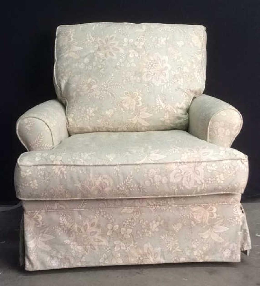 THE COTTAGE CLASSICS Skirted Club Chair: Tag reads THE COTTAGE CLASSICS. From COUNTRY WILLOW, Bedford Hills New York. Chair is light green toned with cream toned intricate floral detail. Seat and backrest cushions are loose. Contains some st